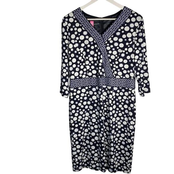 Basler Navy White Print V-neck Mid Length Flattering Luxury Dress W-612 Size 12 - Picture 1 of 10